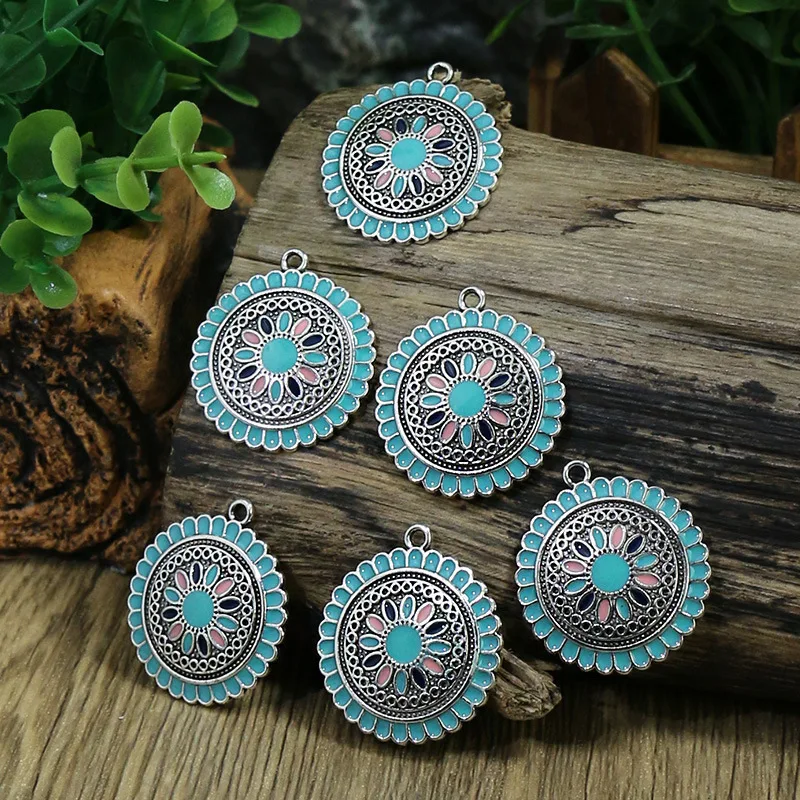 10Pcs/Lot Bohemian Jewelry Pendant Round Enamel Flower Charm Metal DIY Making Earrings Jewelry Materials Evil Eye Pendant