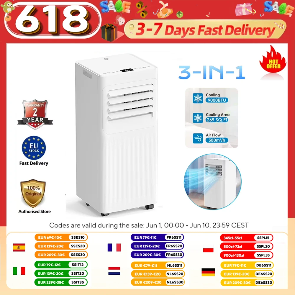 Climatiseur HUMILABS A016TC 9000 BTU, ventilateur de refroidissement, déshumidificateur, ventilateur à 2 vitesses, minuterie 24H, télécommande, climatisation mobile