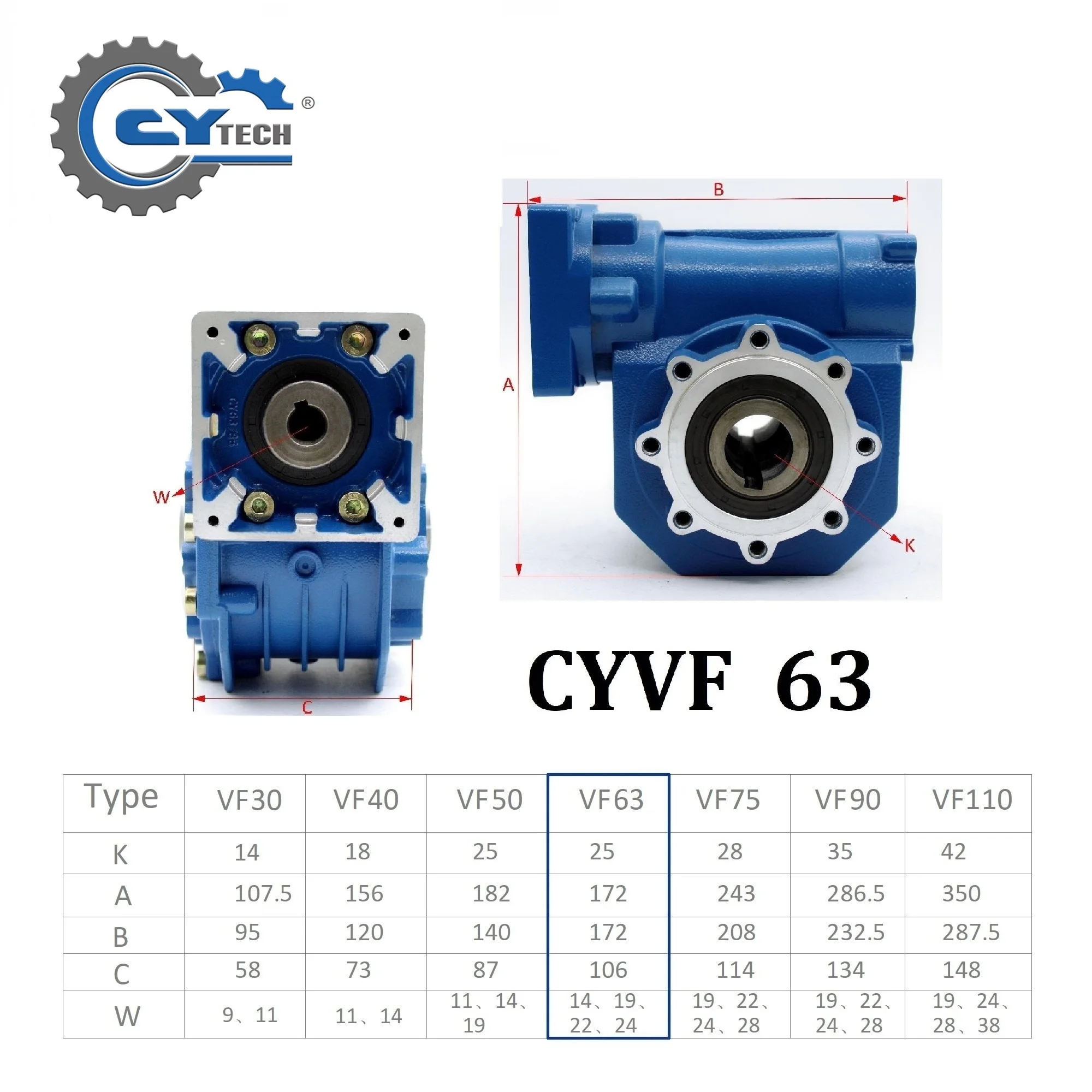 Worm Gearbox Worm Gear Reducer CYVF63 Ratio 5:1-100:1 Output hole 25mm Input 11/14/19mm TIN Bronze Worm Gear Free maintenance