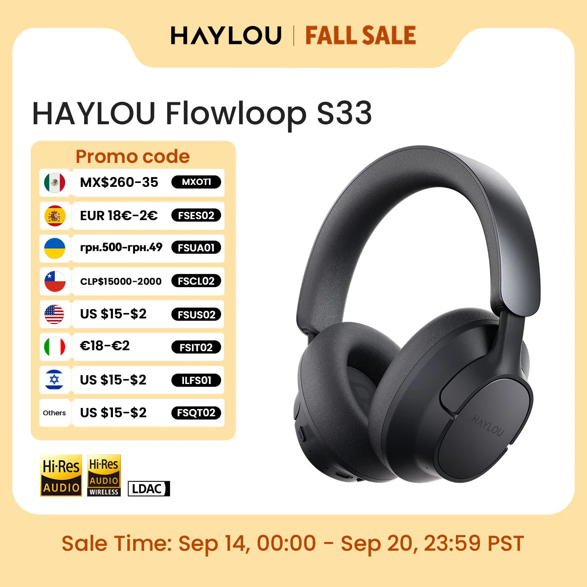Fones de Ouvido Sem Fio HAYLOU FlowLoop S33 Over Ear Bluetooth com Cancelamento Ativo de Ruído de 45dB, Hi-Res LDAC e 100h de Tempo de Reprodução