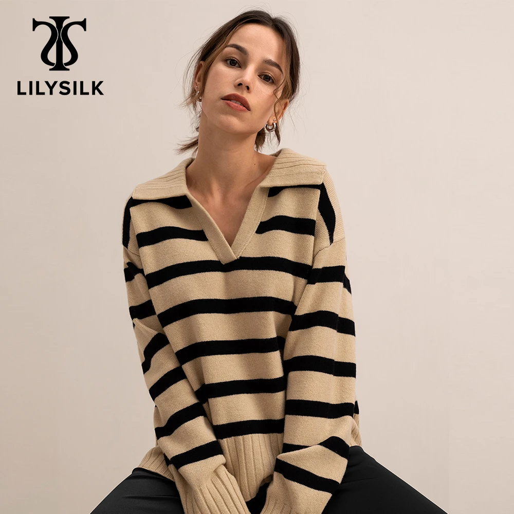 LILYSILK Pure Wool Stripe Sweater For Women Classic Winter Top Polo V-neck Casual Ladies Thick Essential Clothes Free Shipping