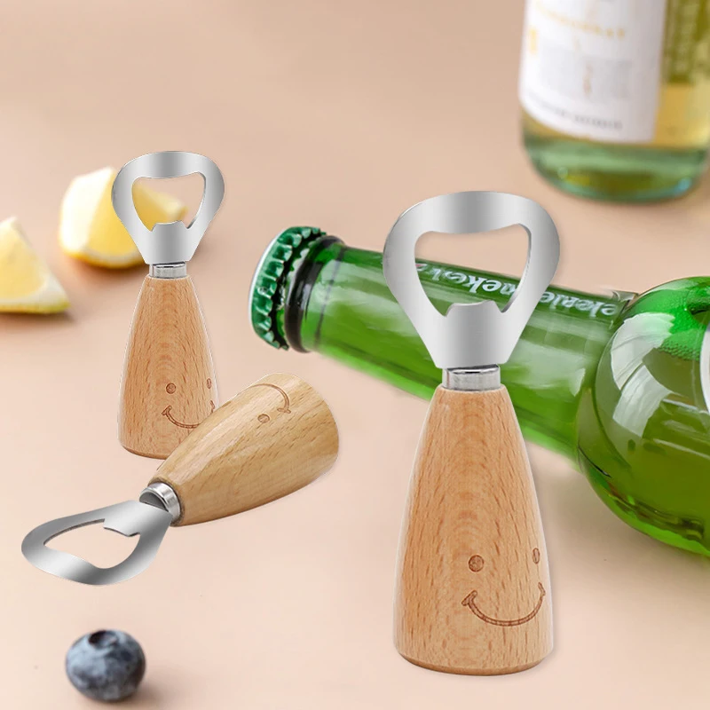 Creative Smile Stainless Steel Bottle Opener Wooden Handle Beer Opener Kitchen Bar Tools Accessories Gadget