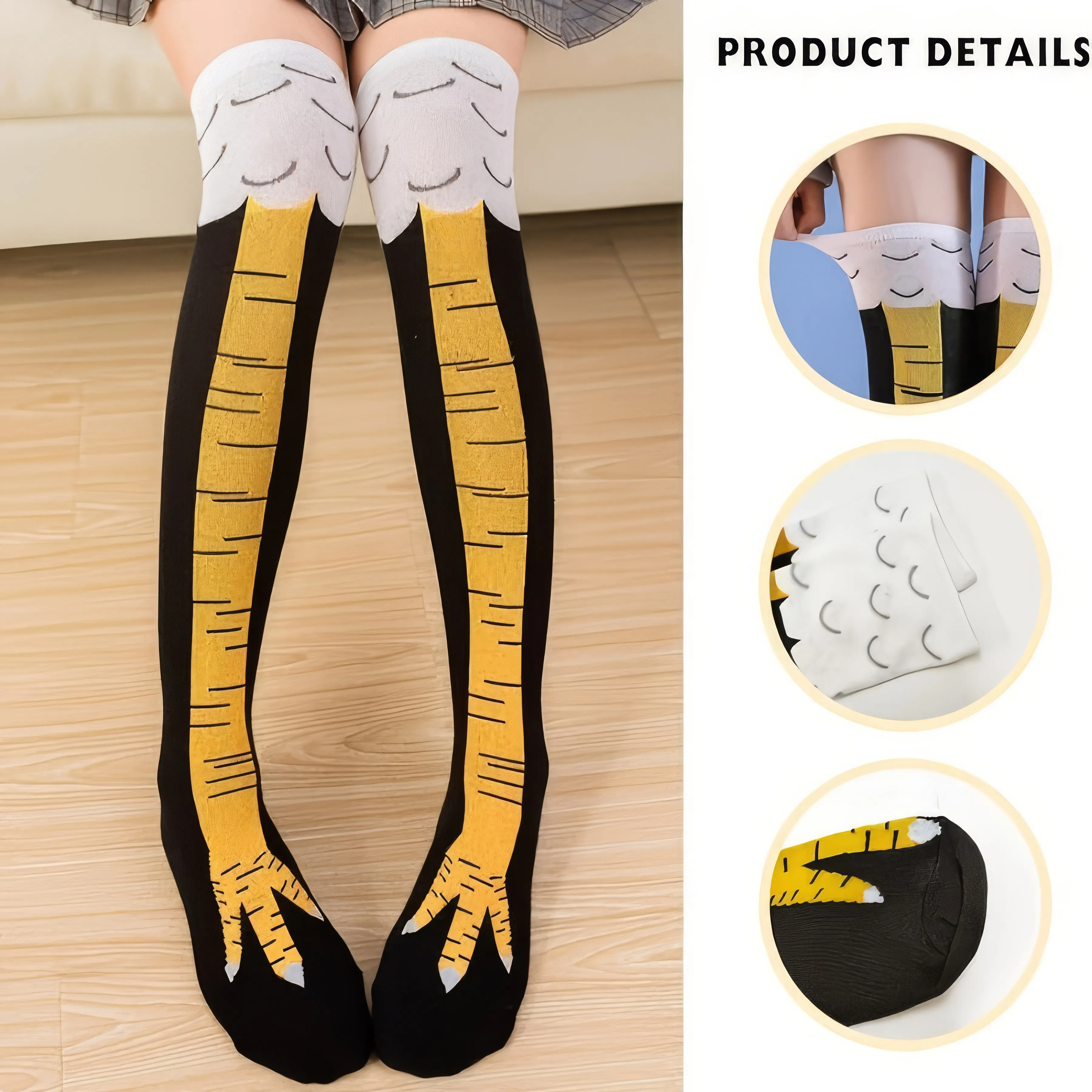 

3 Pair Chicken Claw Over-the-Knee Socks - 3D Claw Tips, Yellow/Black Stripes, White Cuff Eyes, Soft Stretch for Daily Quirk