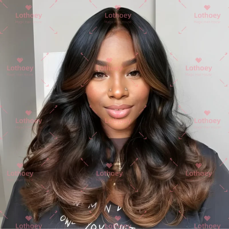 تسليط الضوء على شعر مستعار مموج باللونين البني والأسود، شعر مستعار بشري، شعر مستعار بدانتيل أمامي، شعر مستعار بقاعدة حريرية للنساء، الحياة اليومية، الحفلات، العمل، إلخ