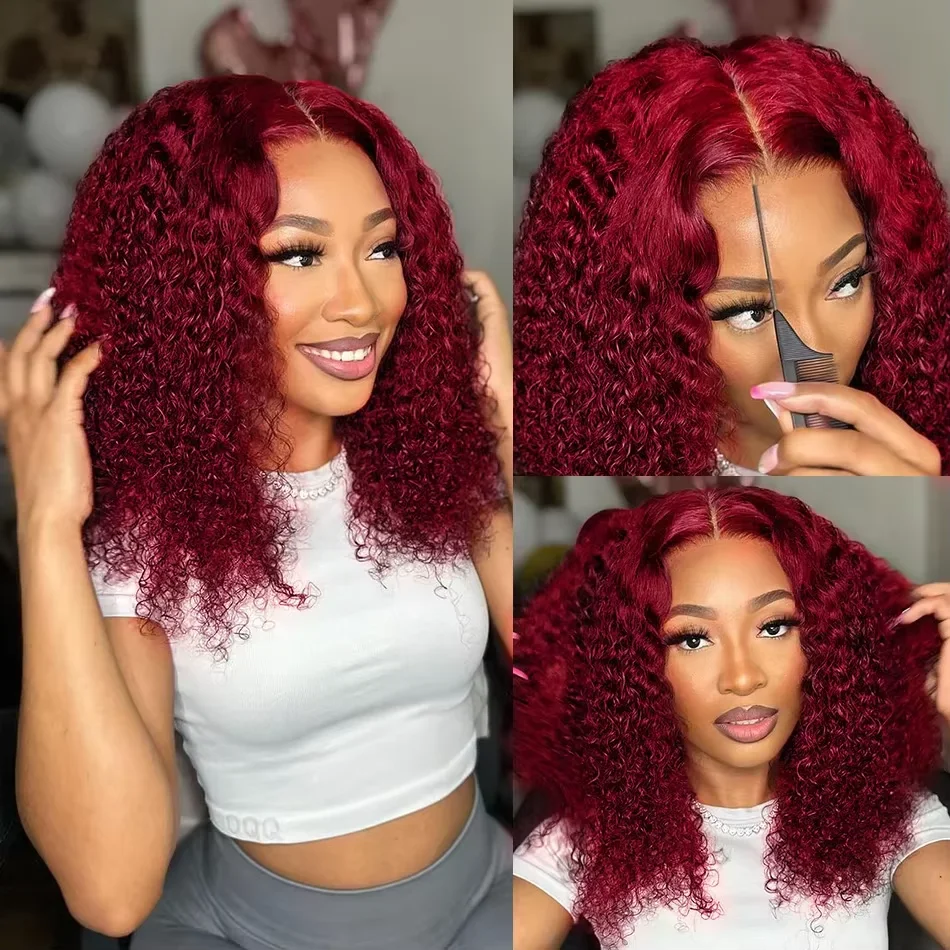 Wig Renda Depan 13X4 Wig Depan Renda Merah Marun 99J Bob Keriting 100% Rambut Manusia Wig Gelombang Air Dalam Pendek Merah Wig Depan Renda Bob