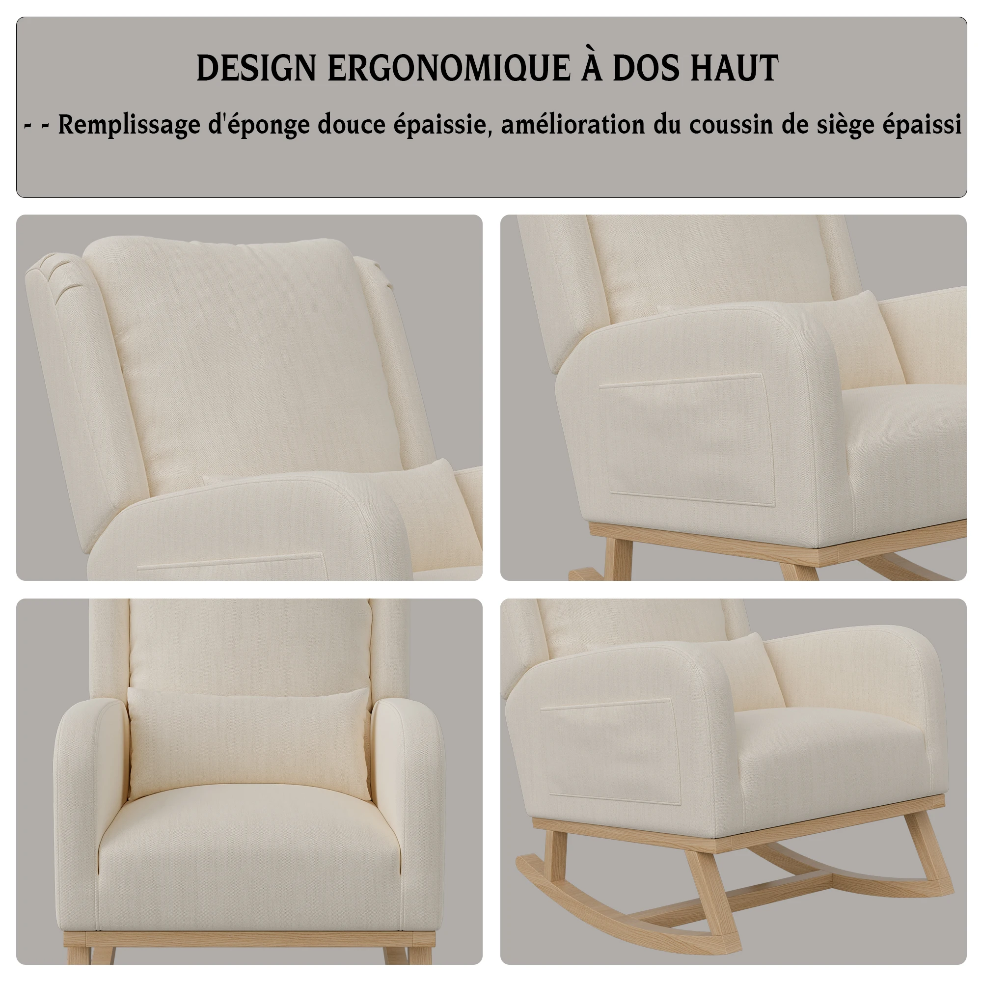 Schaukelstuhl mit massivem Holzgestell, geeignet für Wohnzimmer, Schlafzimmer, Balkon und Garten (Beige, 68 x 93 x 96 cm) – Detail 3