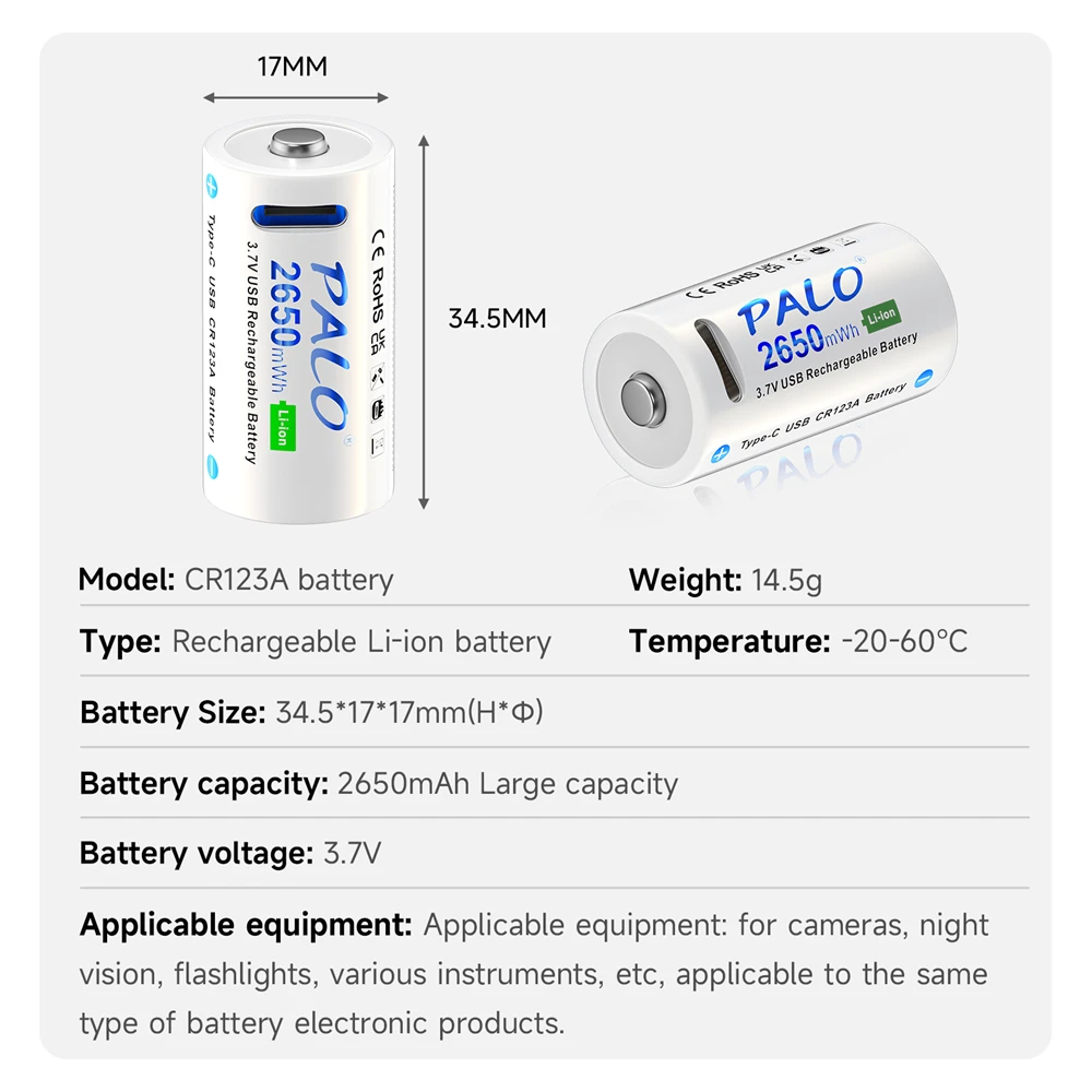 PALO 2-12PCS 3.7V CR123 CR123A Rechargeable Battery Type C USB RCR123 16340 16350 Btteries With USB Cable For Flashlight Camera