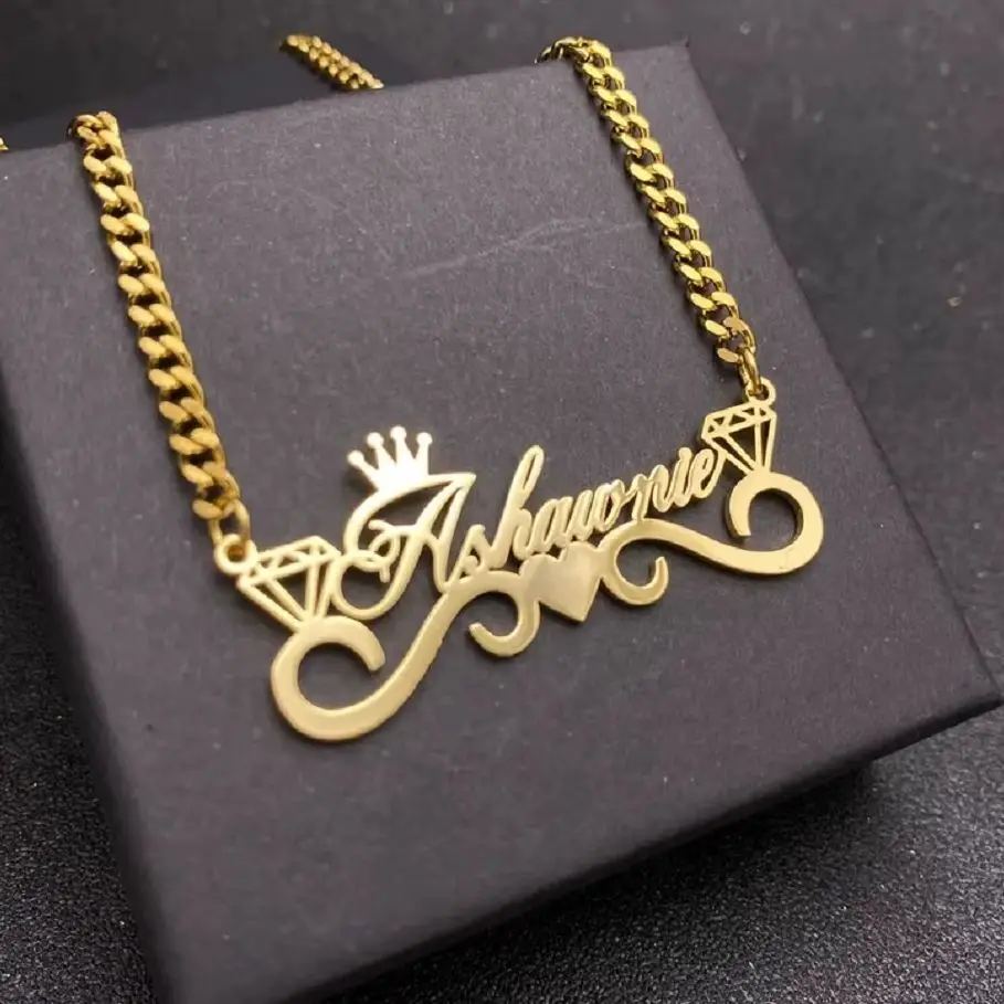

Personalized Cursive Script Necklace With Heart Custom Crown Name Necklaces Handwriting Stainless Steel Jewelry Unique Gift