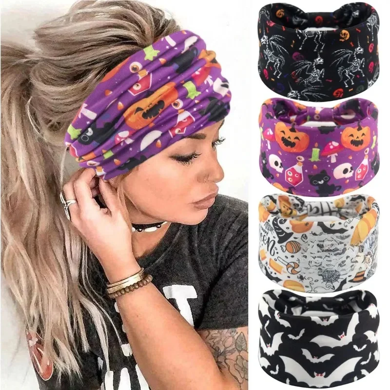 Bandeau élastique de sauna noué pour femme, écharpe vintage, accessoires pour cheveux, tête de mort, Aliments, araignée, bohème, sport, Halloween