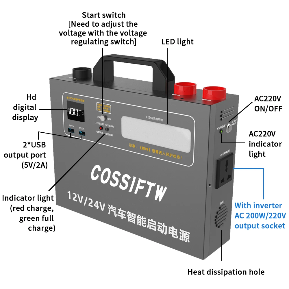 200W Inverter Sine Wave DC12V /24V AC220V Charger   Auto Power Supply Generator Power Station