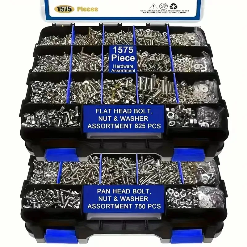 1575-teiliges Schrauben- und Muttern-Set, Hochwertiges Hardware-Zubehör M4 M5 M6 M8 Edelstahl-Befestigungselemente mit Unterlegscheiben