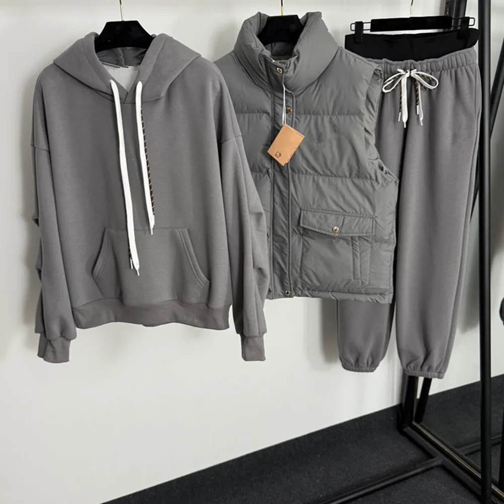 

Women's new warm three piece set sleeveless cotton vest+long sleeved hooded fleece hoodie+color blocked ankle pants