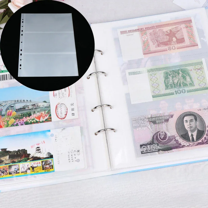 Porte-billets Transparent à 3 fentes, feuilles mobiles, 10 pièces, sac de protection d'argent en papier Portable, Album de collecte d'argent en papier