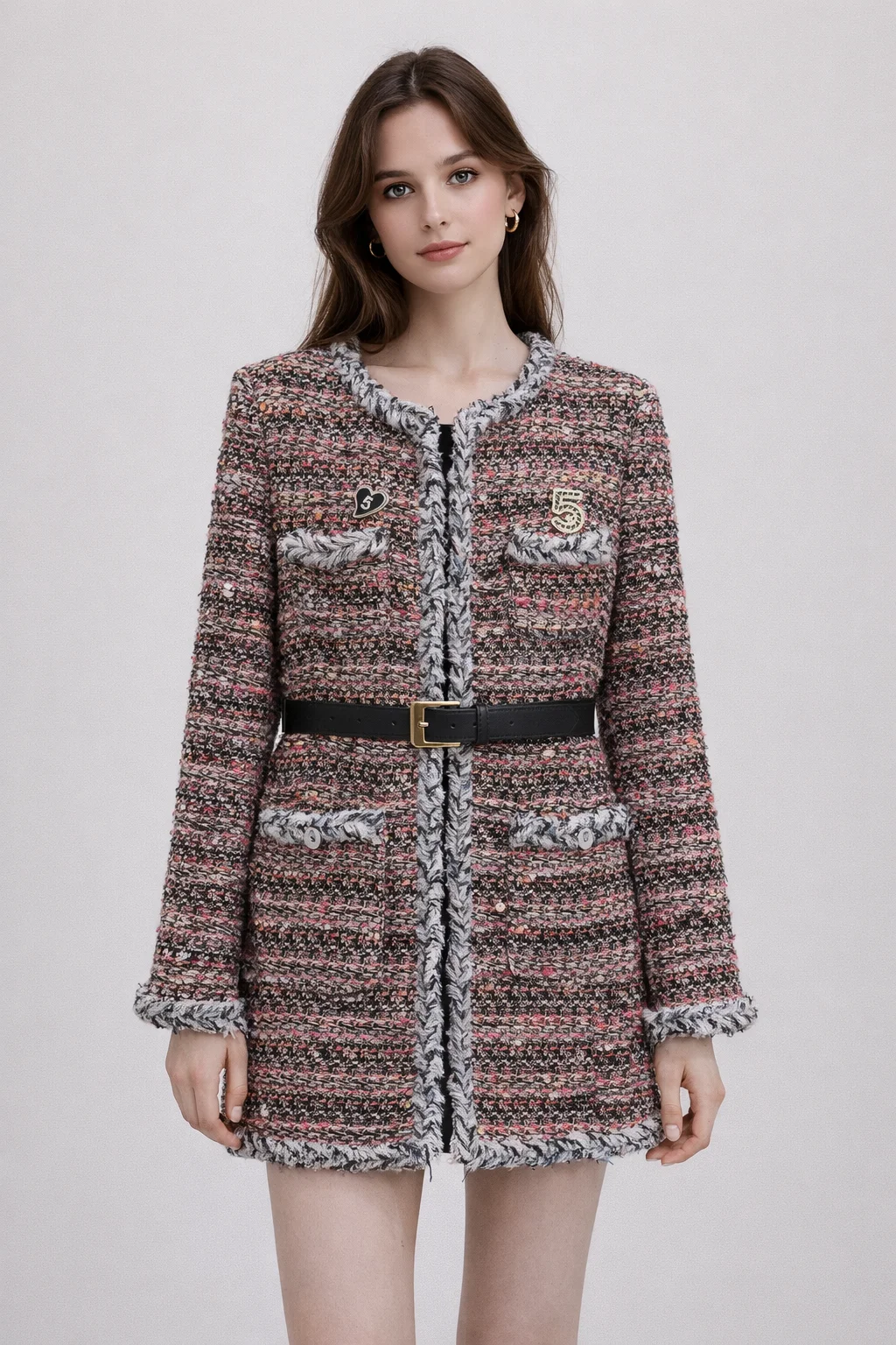 

Chic Long Tweed Coat with Belt Women's Fringed Pocket Jacket for Office Party Wedding Guest Elegant Outerwear Luxury Vintage