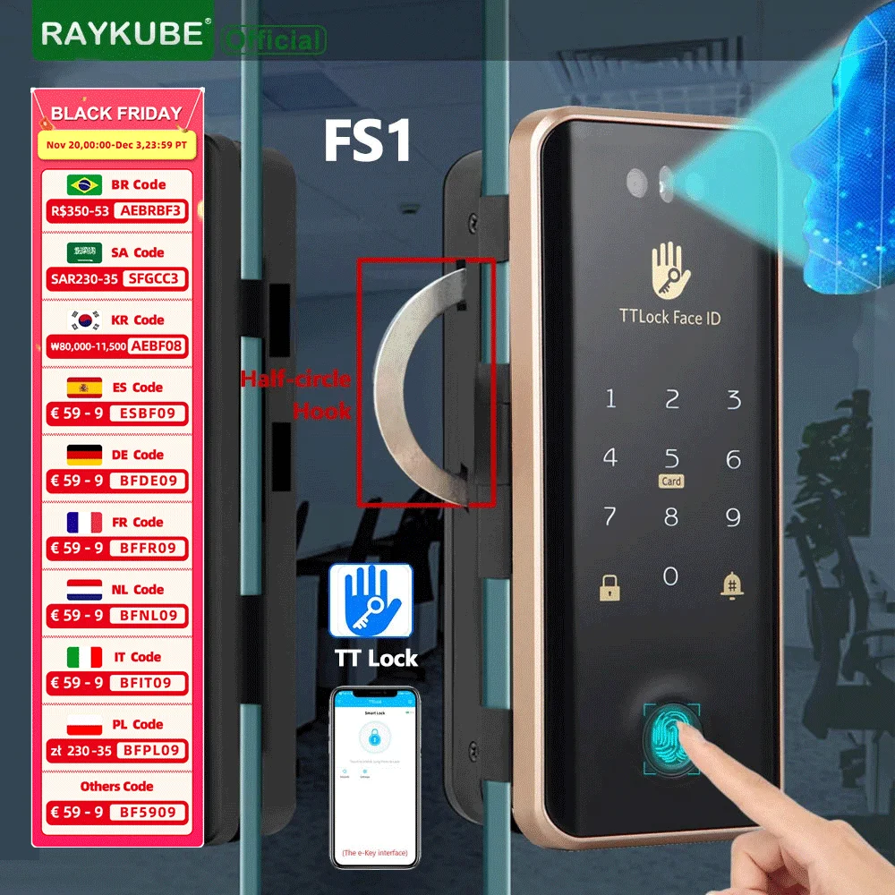 RAYKUBE FS1 TT Lock 3D Face Recognition Smart Lock With Half-circle Hook Biometric Electronic Fingerprint Unlock Glass Door Lock