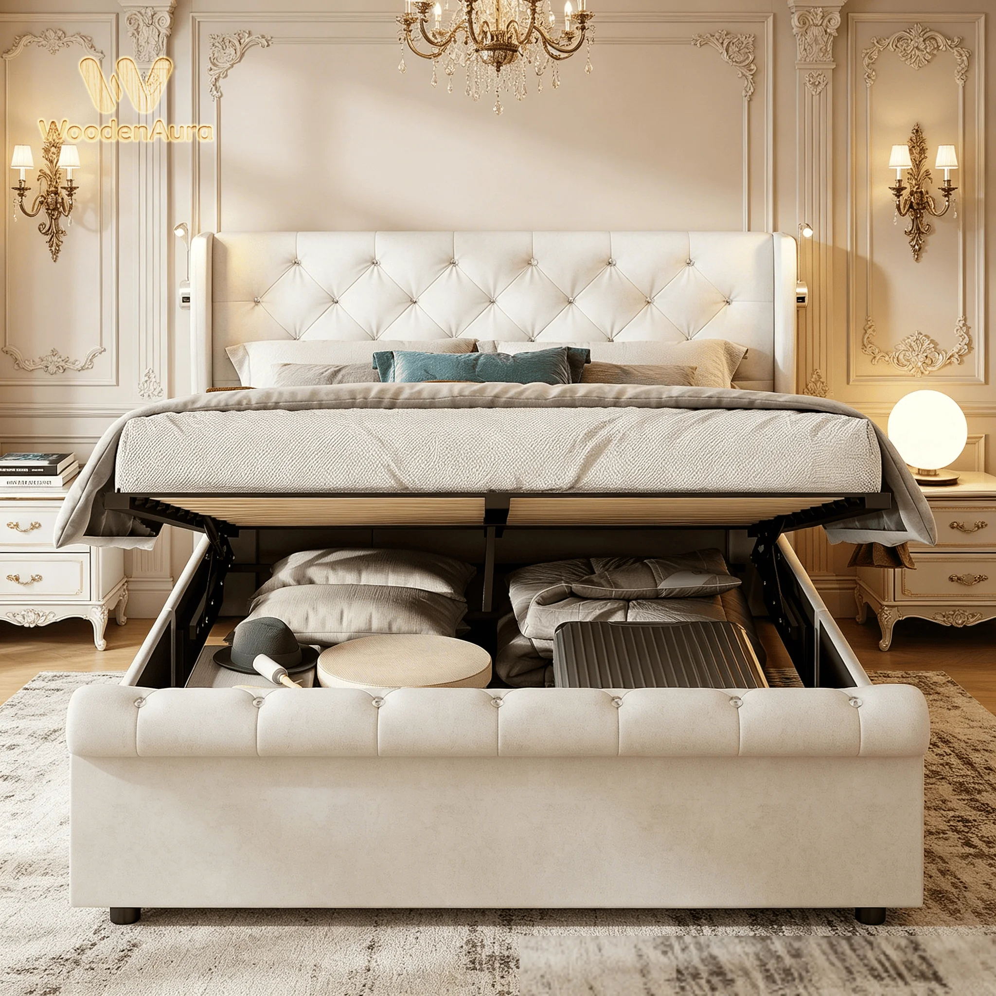 WoodenAura Cama con almacenamiento hidráulico de 140x190 cm, equipada con 2 lámparas de cabecera y puertos de carga USB, con estructura de cama doble acolchada, terciopelo