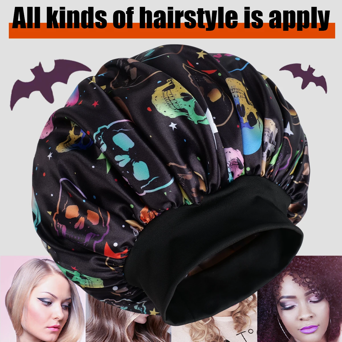 

Skull Print Sleep Cap for Women, Halloween Night Bonnet with Wide Elastic Band, Soft & Lightweight
