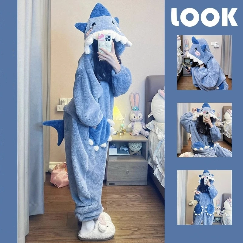 

Women's Shark Pajamas Cartoon Cosplay Costumes Flannel Hooded Sleepwear Female Pijama Jumpsuit Homewear Pyjamas Party Loungewear