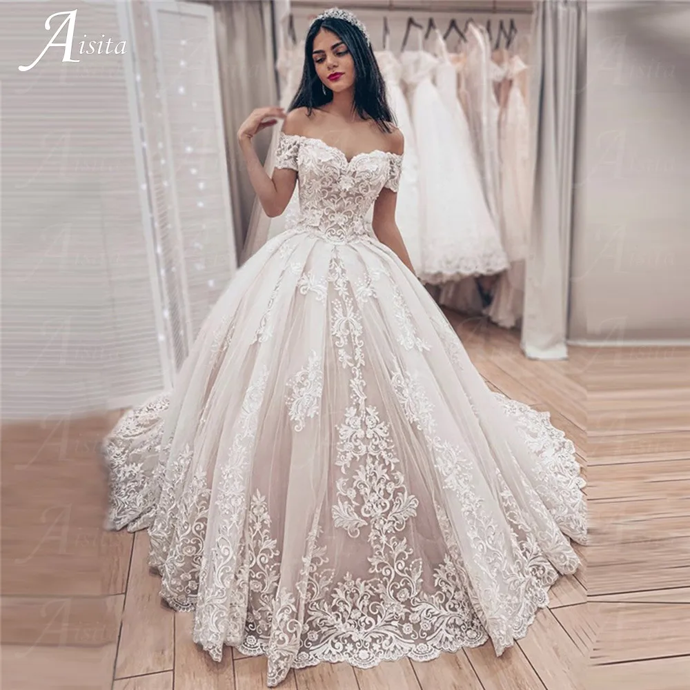 Elegant Ball Gown Lace Appliques Wedding Dress 2024 Romantic Court Train Bride Gowns Grace Off The Shoulder Robe De Mariée