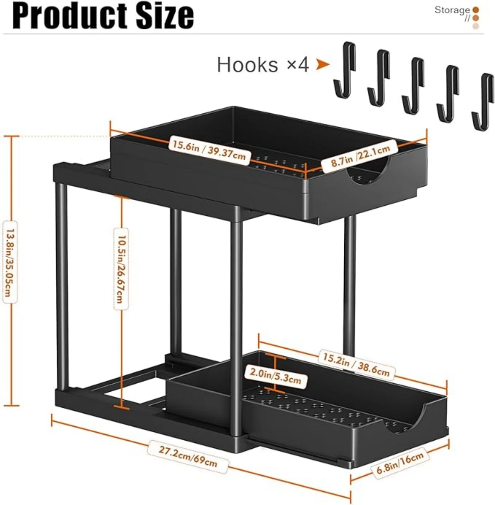 2 Tier Under Sink Organizer Sliding Cabinet Basket Organizer Drawer Under Sink Storage Rack with Hook Bathroom Kitchen Organizer