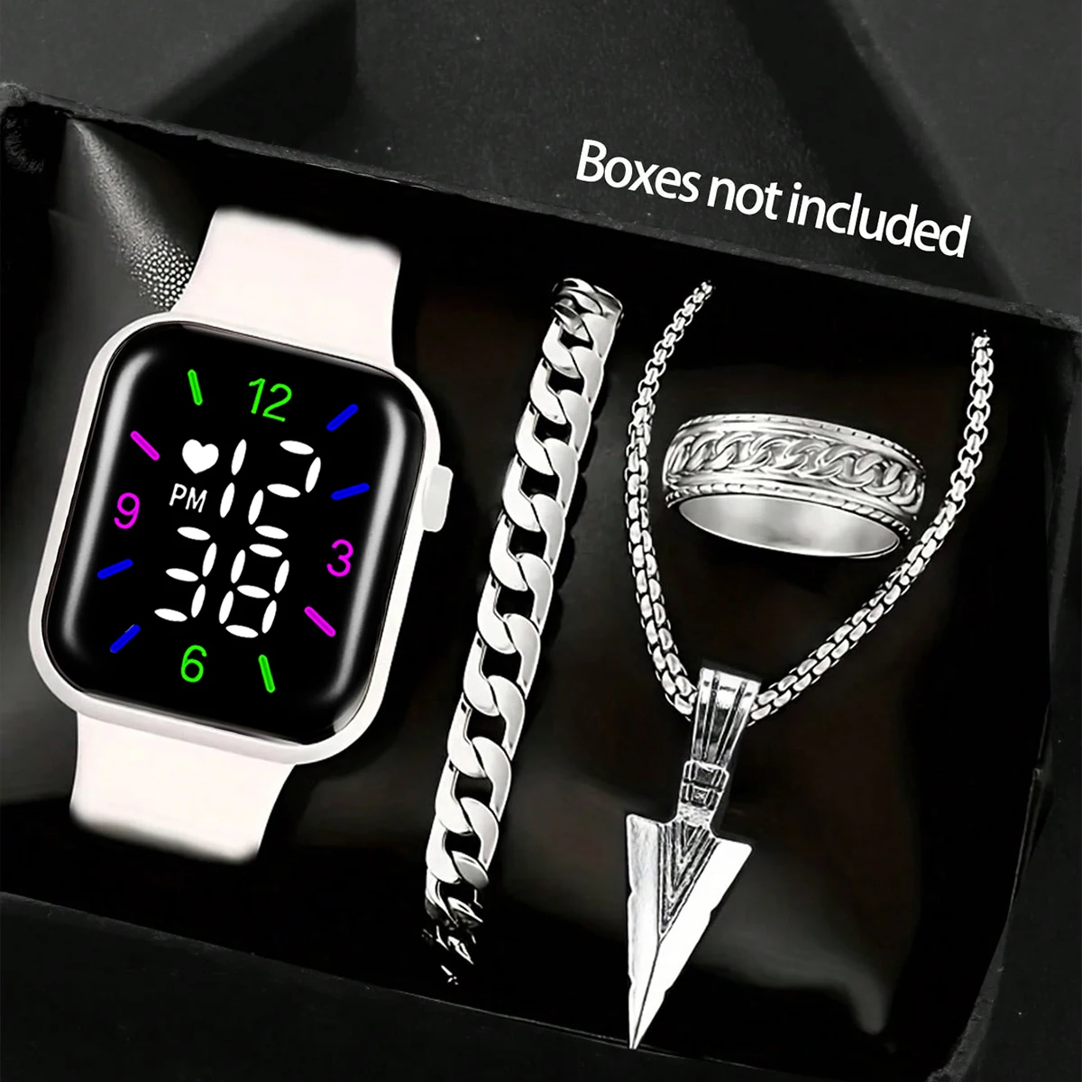 4-Piece Set, Boys' Casual Simple Led Electronic Watch with Bracelet, Arrow Pendant Necklace, and Ring Set, for Daily Casual Wear, with Flashing Lights, Simple and Versatile, Birthday and Holiday Gift.