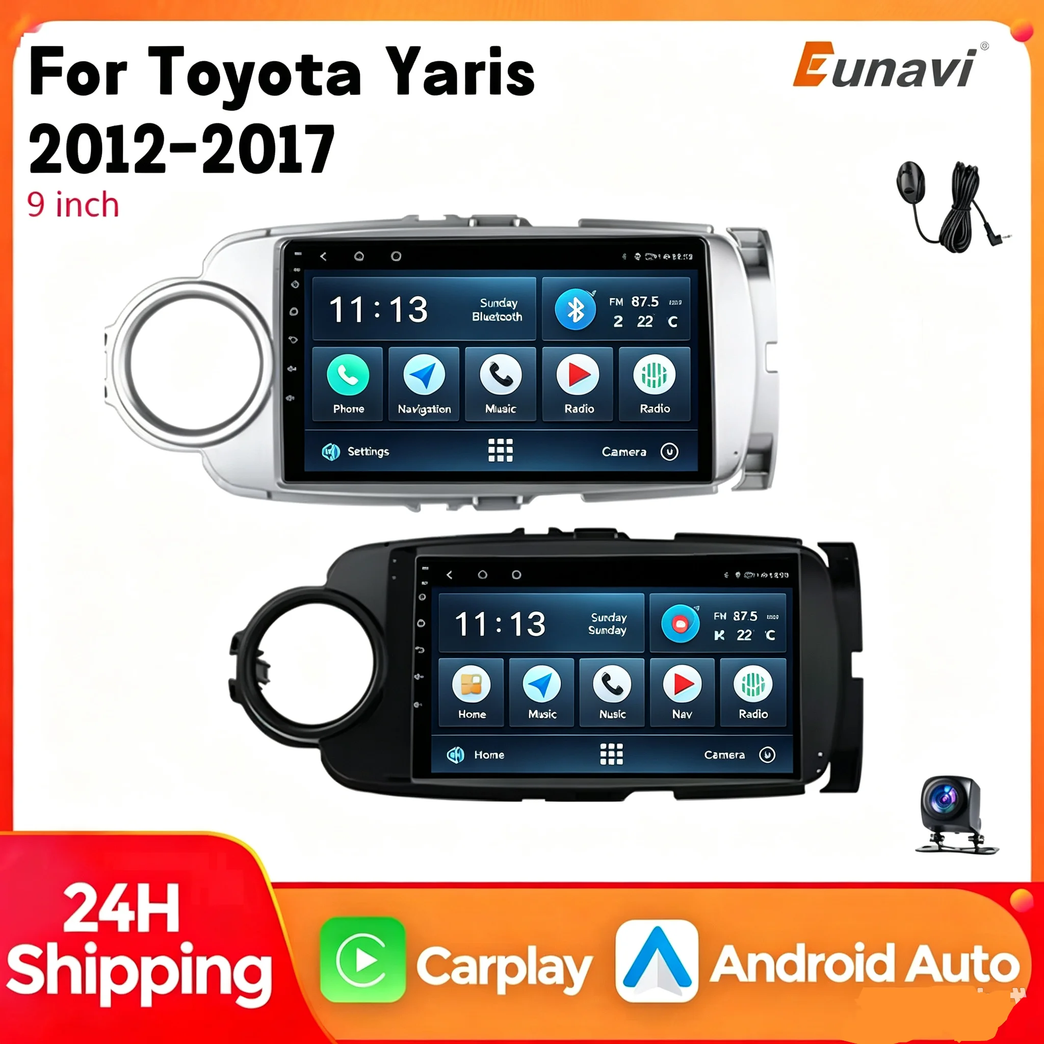 Nowe radio samochodowe z systemem Android, kompatybilne z modelami Toyota Yaris z lat 2012–2017, wyposażone w Carplay, 4G, Wi-Fi, GPS, RDS, odtwarzacz DVD oraz system DSP.