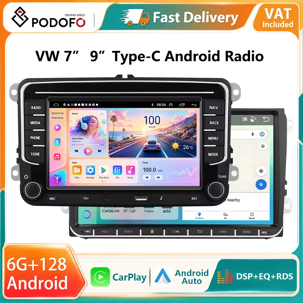 Podofo Autoradio CarPlay Android 7" 9" pour VW Volkswagen Golf Passat Jetta MAGOTAN POLO BORA Skoda SEAT Lecteur Multimédia 2din GPS Navigation WiFi Type-C Système Intelligent de Voiture Unité Centrale Tableau de Bord Récepteur Stéréo FM RDS