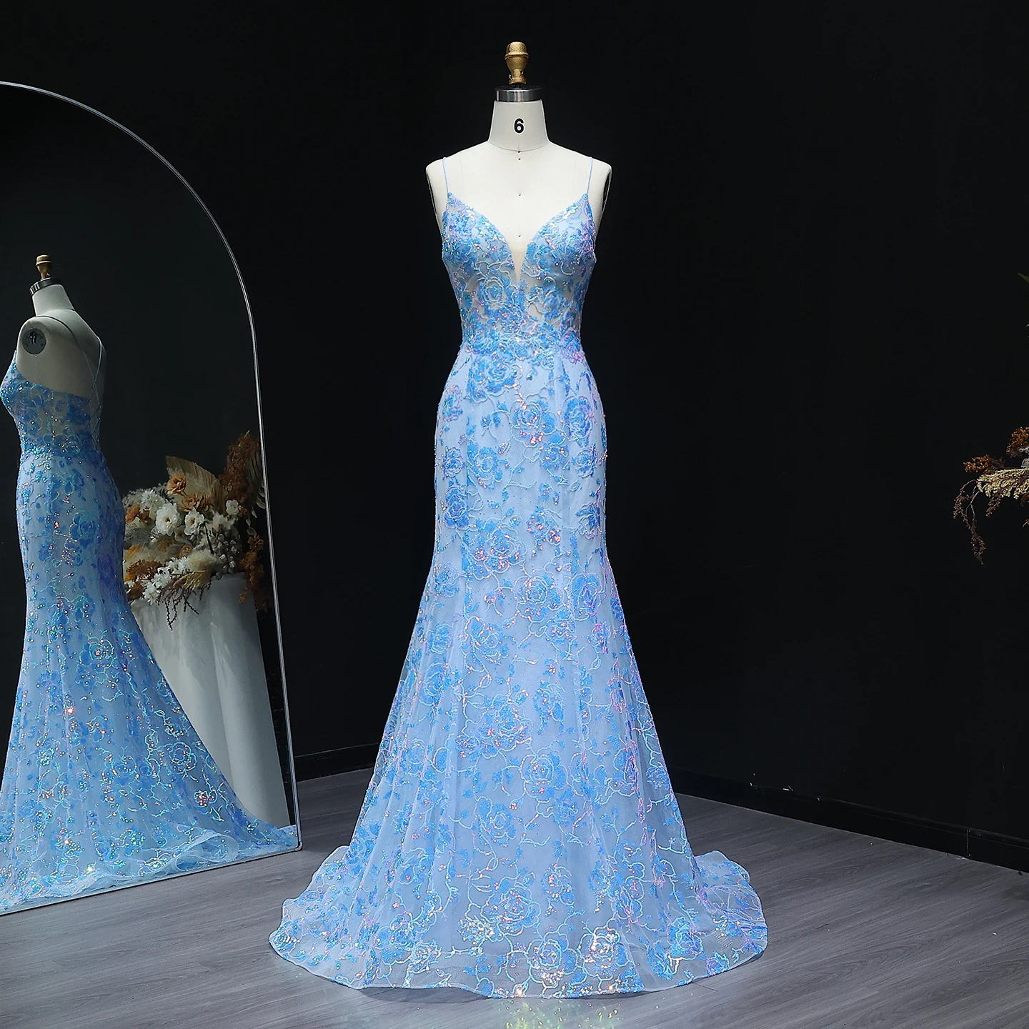 Sharon Said Affascinante corsetto blu trasparente abito da ballo lungo con cinturino per spaghetti abiti da festa da sera SH219 personalizzato