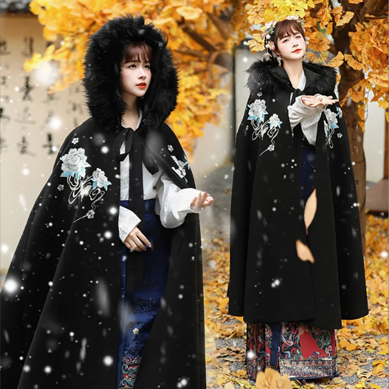 Winter Warm Dicken Hanfu Mantel Frauen Chinesische Traditionelle Stickerei Schwarz Cape Mantel Cosplay Kostüm Mädchen Weihnachten Cape Kostüm