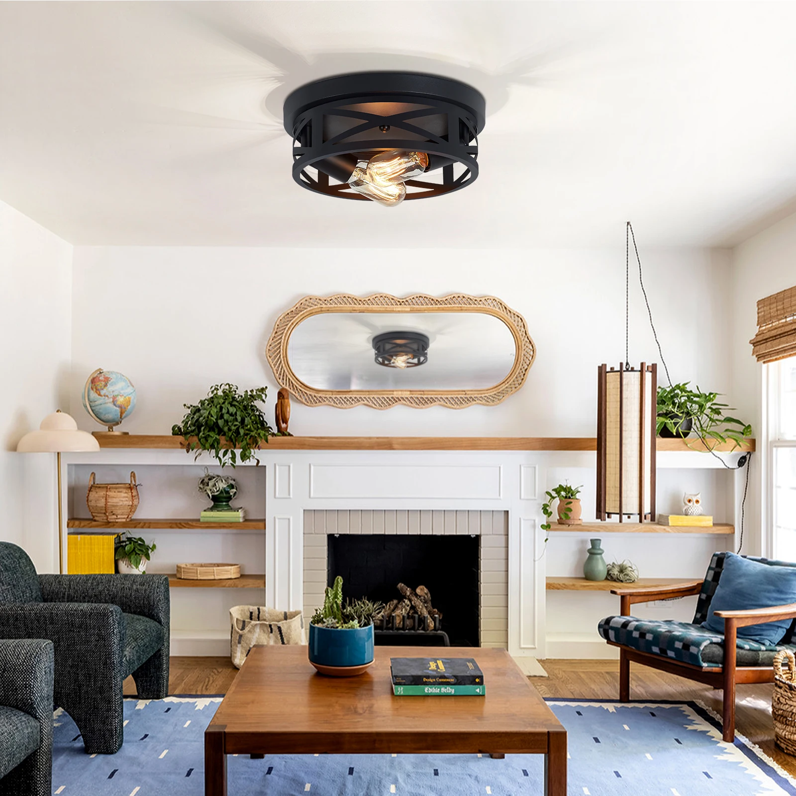 2 Pack 2-Light Matte Black Farmhouse Ceiling Light, Vintage Criss-Cross Hollow Metal Cage Flush Mount Lamp, Industrial Close to Ceiling Lighting for Hallway, Kitchen (Bulbs Not Included)