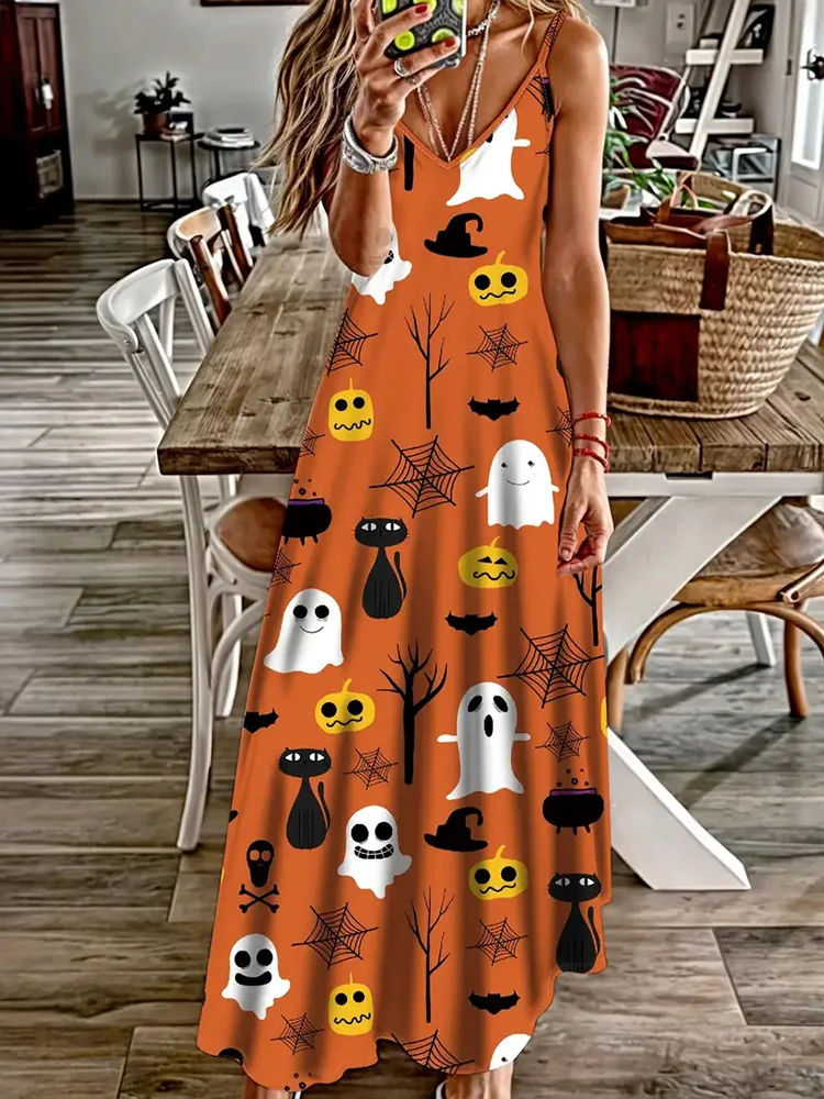 Halloween New Skull Pumpkin Print Sexy Fashion Suspender V-Neck Dress Holiday Party Party Sleeveless Dinner Long Evening Dress