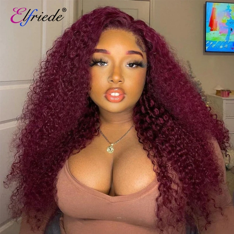 

Elfriede #99J Burgundy Colored Human Hair Wigs for Women Kinky Curly Preplucked Remy 13X4 13X6 HD Lace Frontal Wig Human Hair