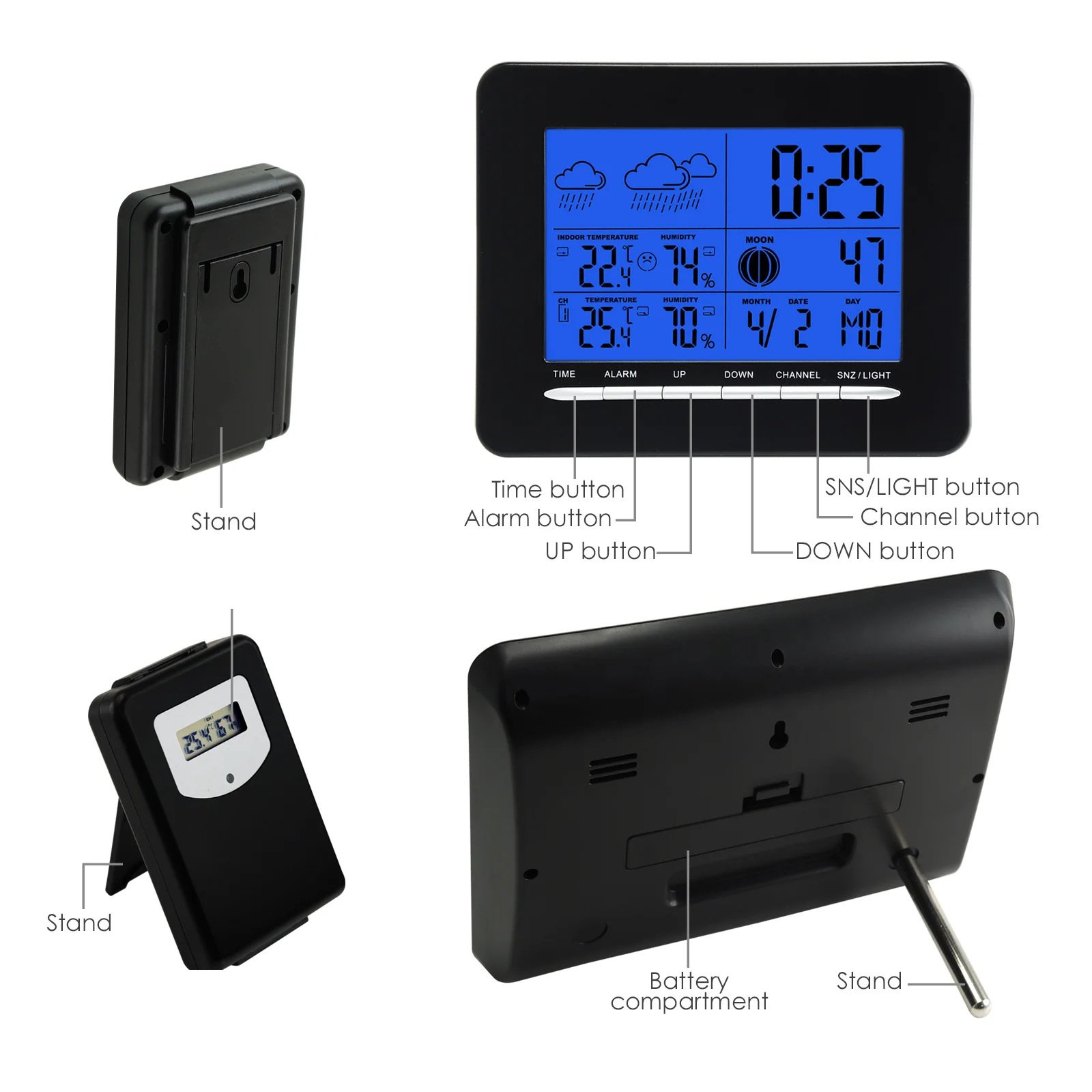 Wireless Weather Station with 2 Sensors Indoor/Outdoor Temp & Humidity Monitor Forecast, Moon Phase, Alarm with LED Backlight