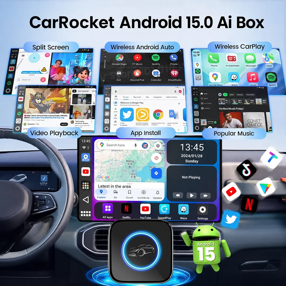 Android 15 CarRocket Android Auto Wireless CarPlay AI TV Box QCM6115 SM6225 4-Core Split Screen 32G For Netflix Play Store