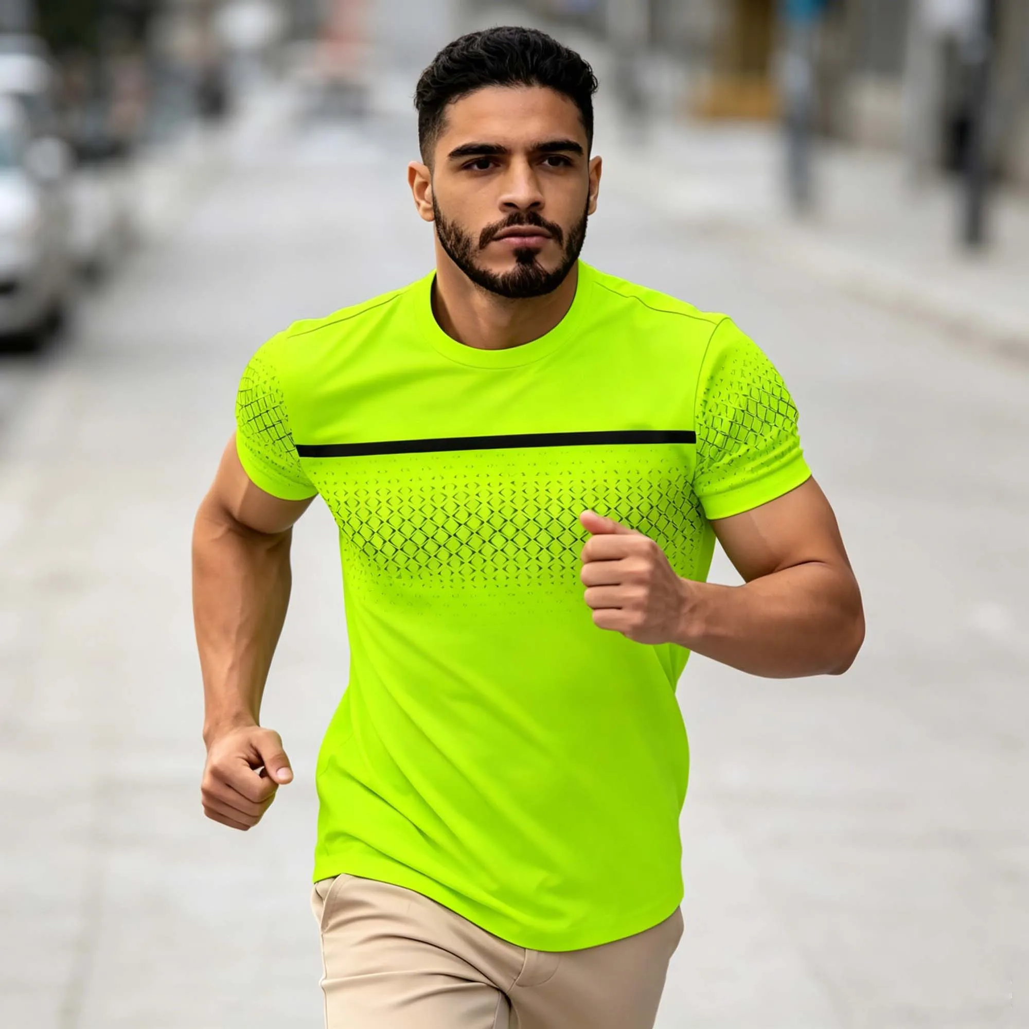 Daily Street Sport Herren-T-Shirt mit neongrünem Mesh und Streifen, feuchtigkeitsableitend, kurzärmelig, zum Joggen, Radfahren, Training