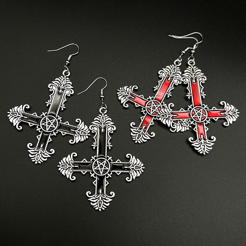 Upside Down Cross Earrings Trad Gothic Vintage Pentacle Cross Enamel Dangle Earrings Best Jewelry Gifts for Women