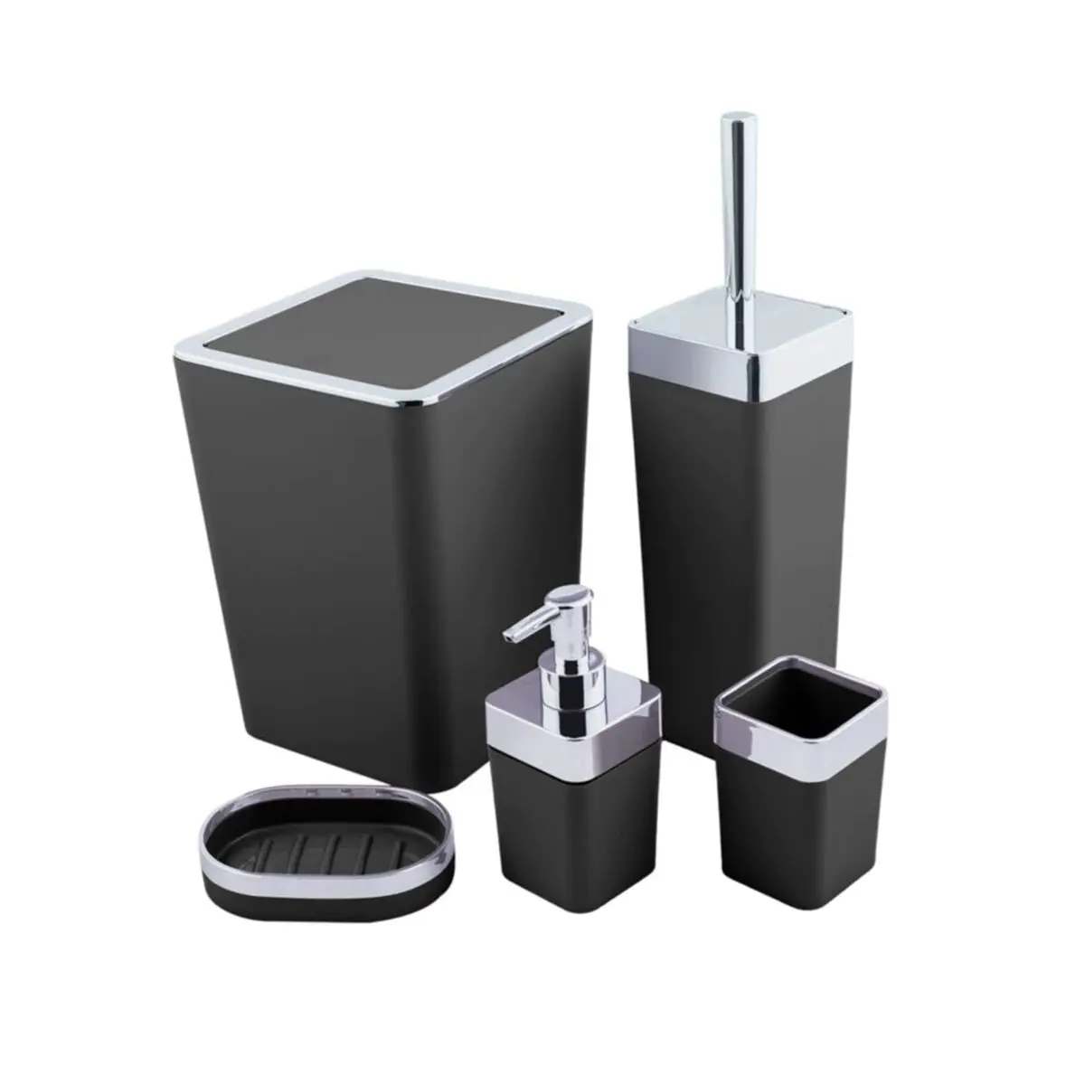 Juego de baño cuadrado negro-plateado, juego de accesorios de baño de 5 piezas, dispensador de jabón líquido, Kit de habitación Dental, cepillo de inodoro, basura kov
