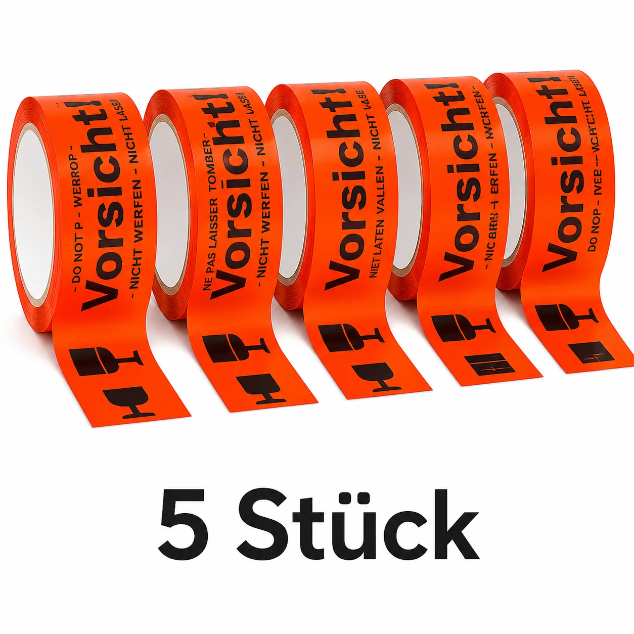 48 mm x 66 m Klebeband "Vorsicht Glas" – 5 Rollen Warnband für zerbrechliche Pakete – Stark haftendes Paketband