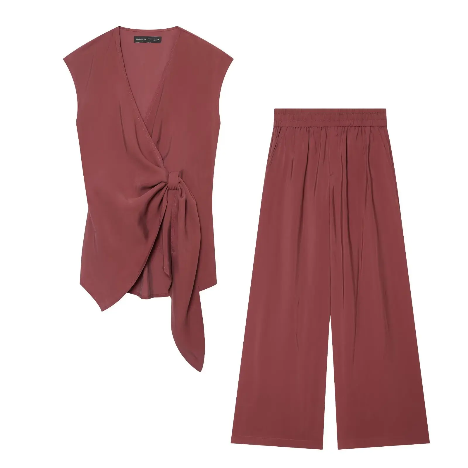 Conjunto de Pantalones Color Malva sin Mangas Estilo Francés Chic para Mujer, Blusa de Lujo con Nudo Lateral y Pantalones Holgados, Ropa de Estar por Casa, Atuendos para Vacaciones de Verano