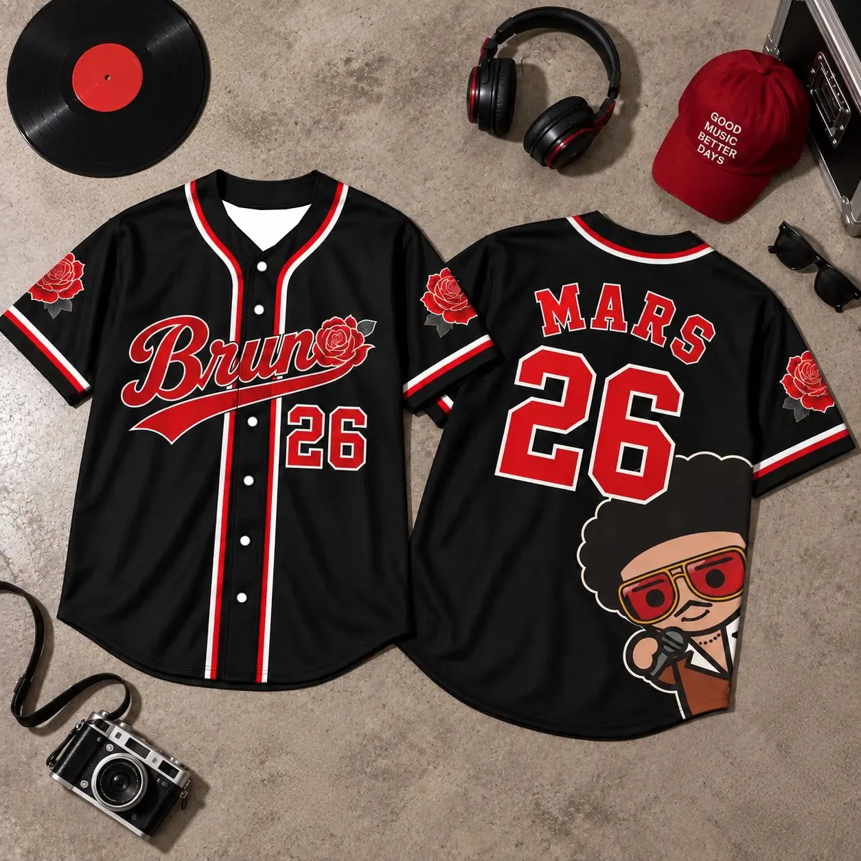 2026 Bruno Mars 26 Baseball Jersey Unisex Short Sleeve Button-Up Shirts Rose Cartoon Graphic Streetwear Concert Fan Women Tops