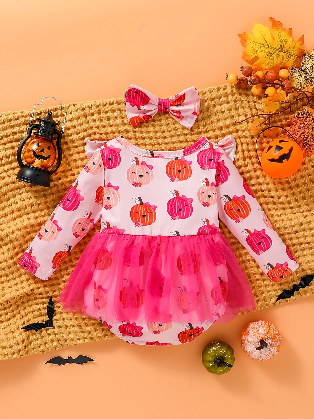 2024 Baby girl autumn lovely and sweet pumpkin printing Halloween Honey jumpsuits+Headband