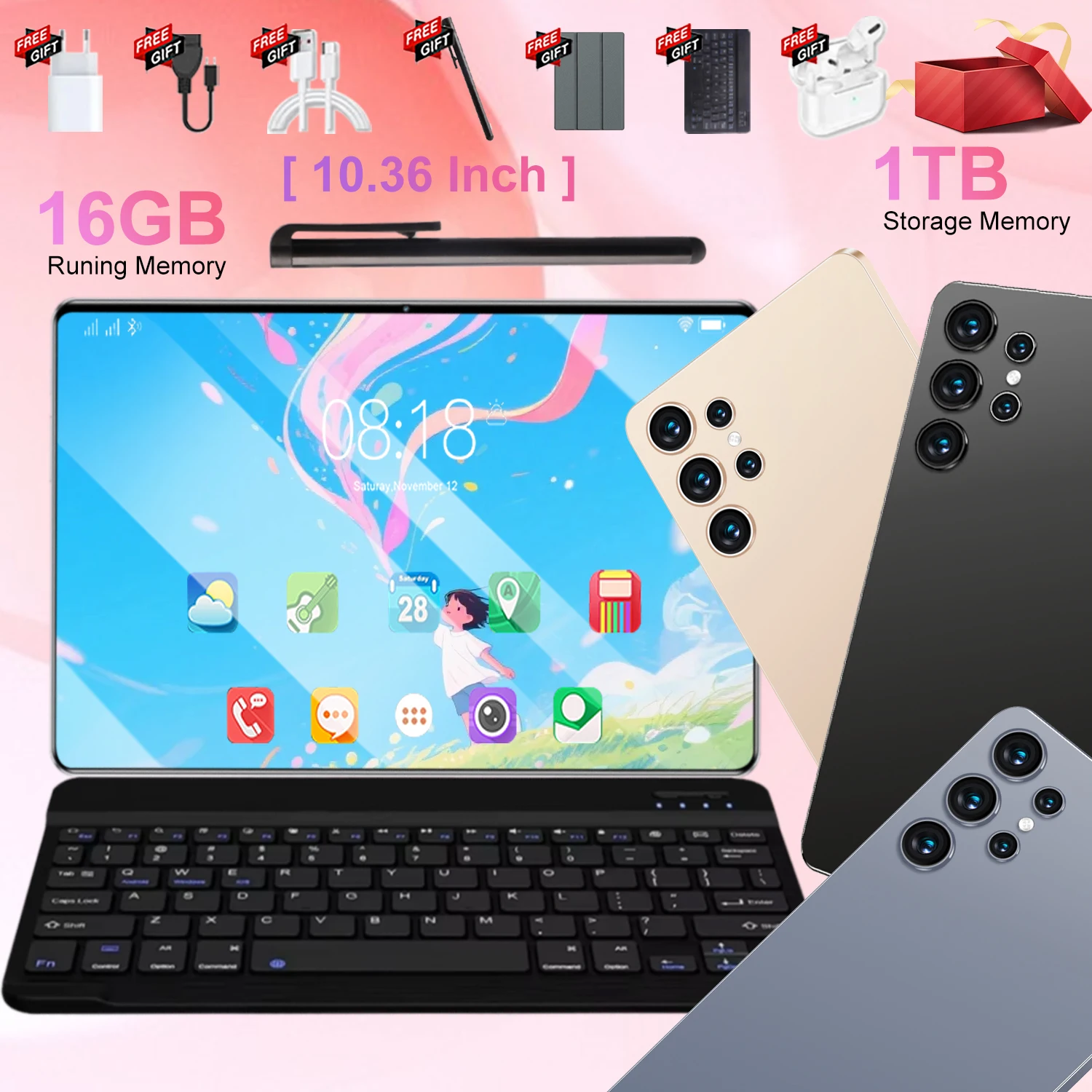 Tablette Pro 10,36 pouces HD 4K Android 13 16 Go + 1 To 5G Double SIM Bluetooth WiFi GPS, version globale, 20000 mAh, neuve d'origine