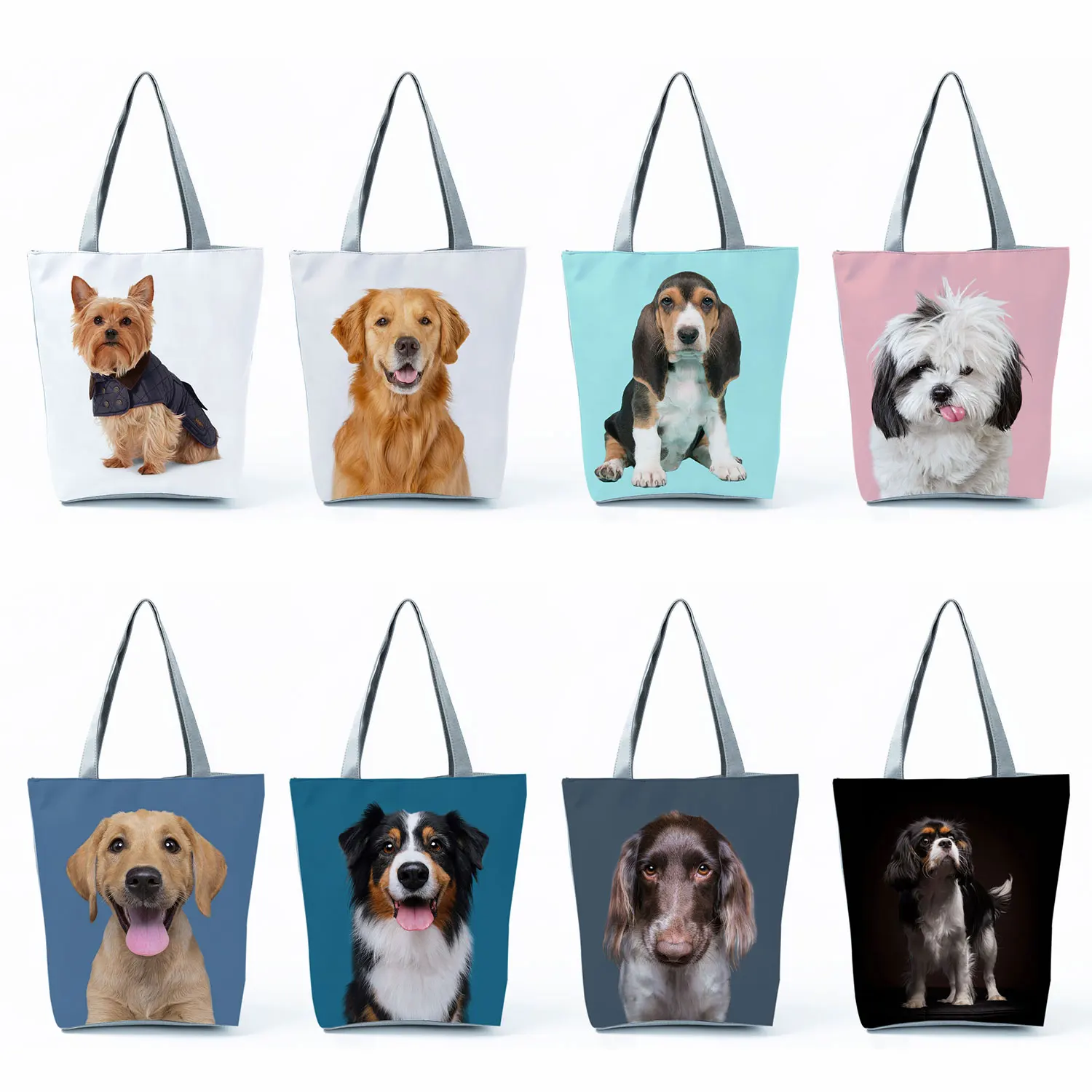 Custom Pure Color Animal Shoulder Bags Gift Cute Dog Print Handbags for Women Casual Reusable Shopping Bags Beach Portable Tote