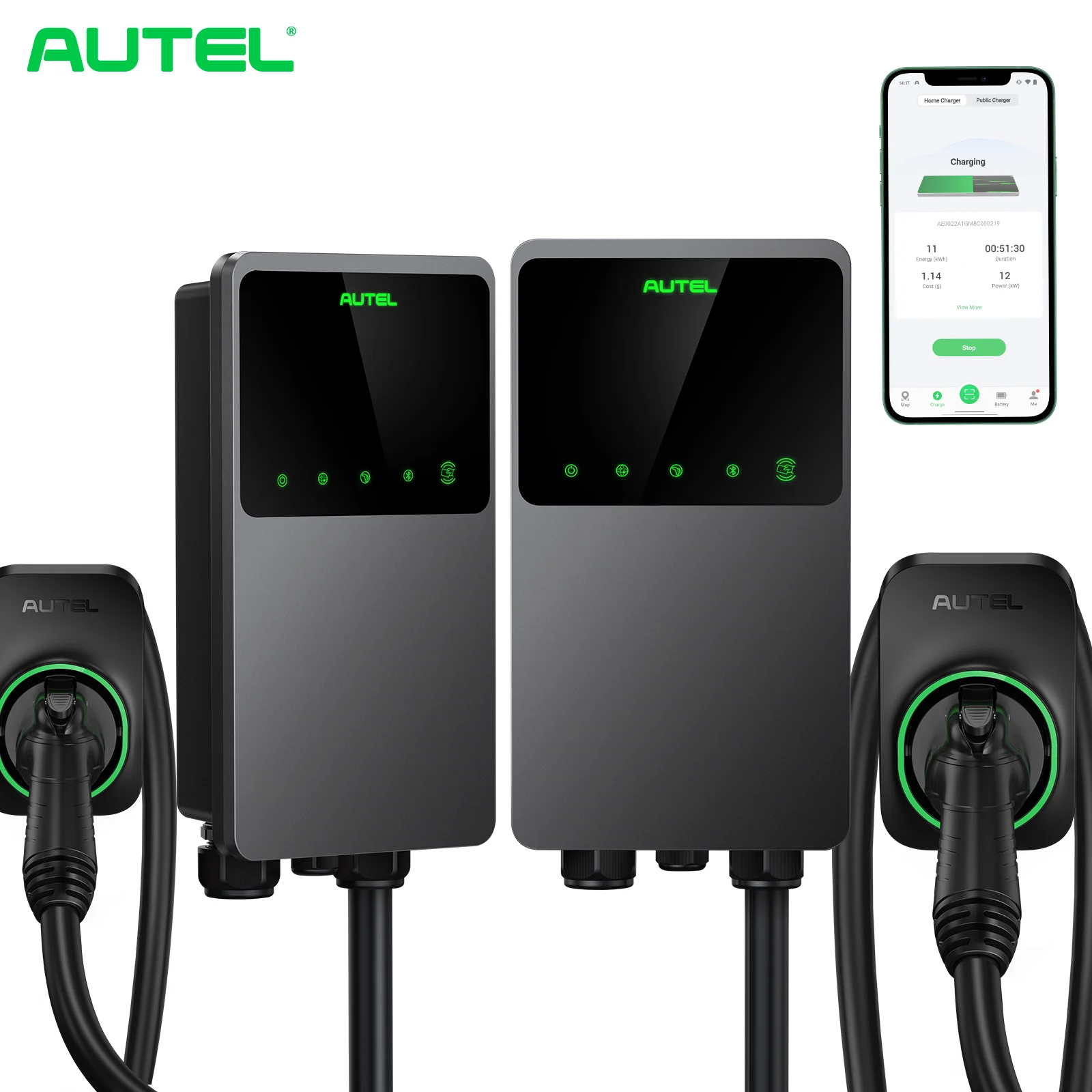 Autel 50A Rfid Wifi Bluetooth Evse Type 1 Ev Charger Niveau 2 Home Wallbox Smart Laadstation 25 Ft. Kabel Indoor/Outdoor