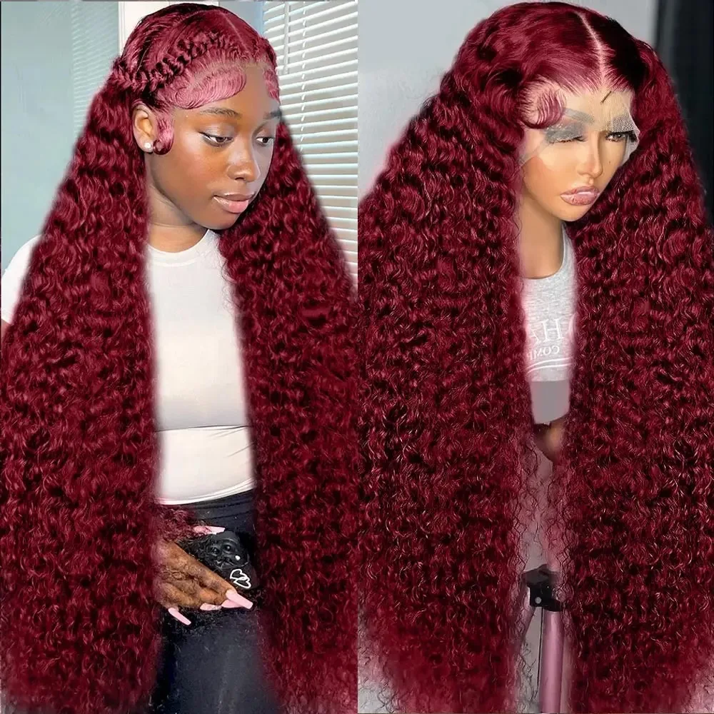 Burgundy Deep Wave Lace Front Human Hair Wig 30 34 Inches HD Transparent 13x6 Red Colored Wig 13x4 Deep Curly Lace Frontal Wig