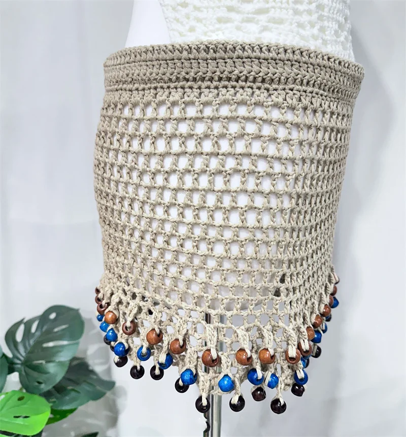 Women's Wooden Beading Fringe Tassel Knitted Skirts Wrap Swimwear Bottom Beach Sexy Handmade Crocheted Bikini Cover-Up Swimsuit