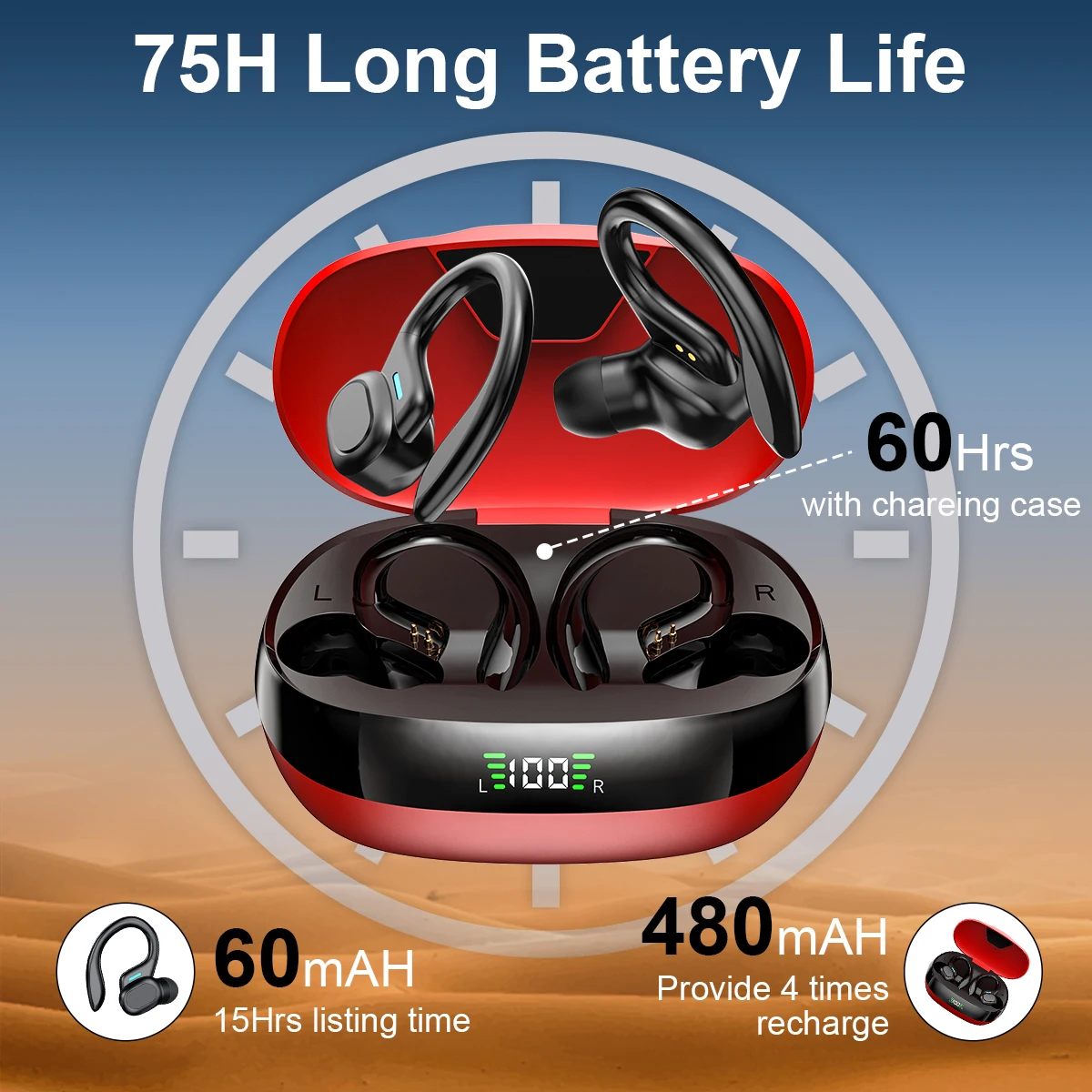 Lifebee True Wireless Earbuds With Mic, TWS Open-Ear Headphones With ENC Noise Cancelling Mic, Sport Earhook Headset