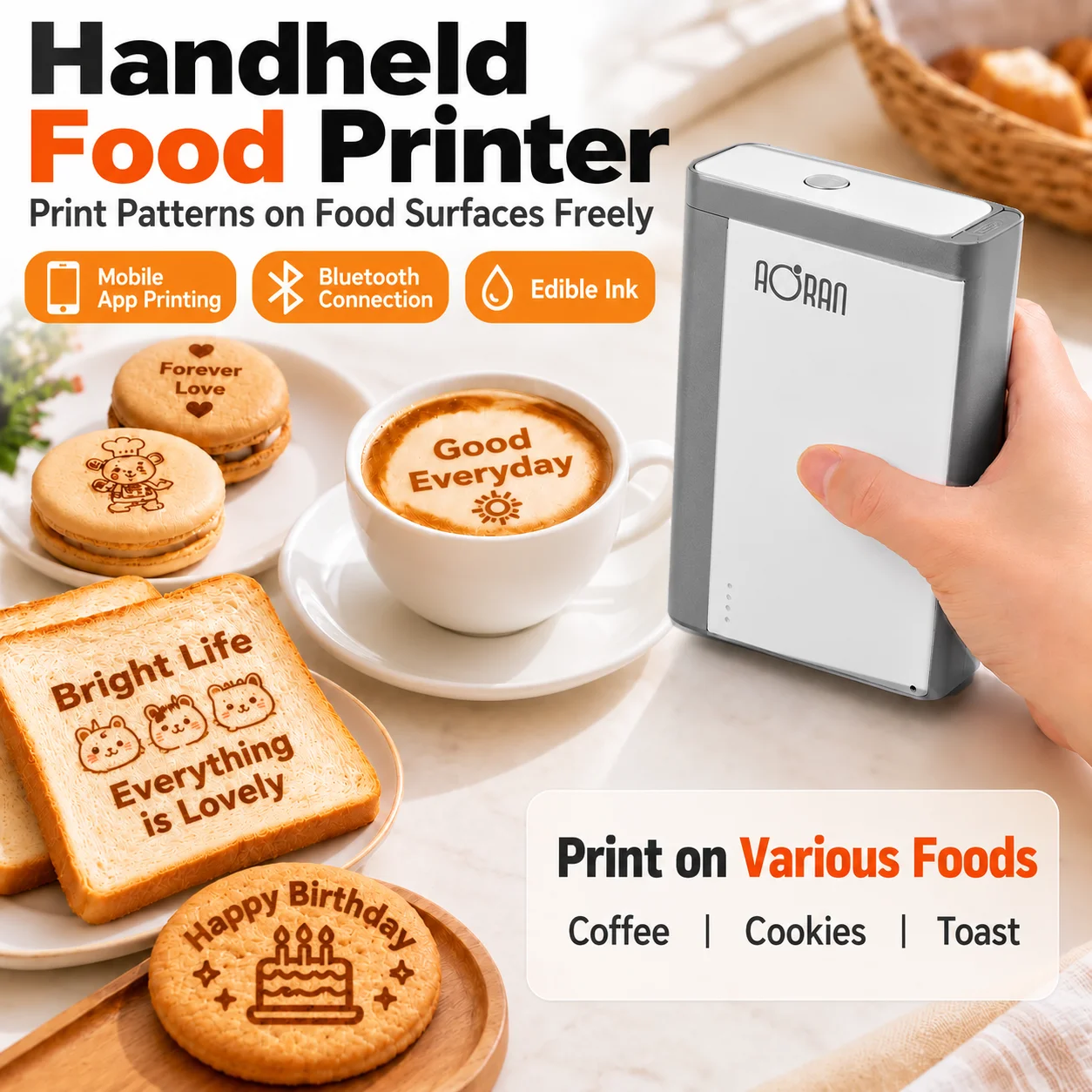 AORAN Portable Coffee Art Printer Handheld Food Decoration Machine for Latte Cake Cookie Chocolate Creative Design