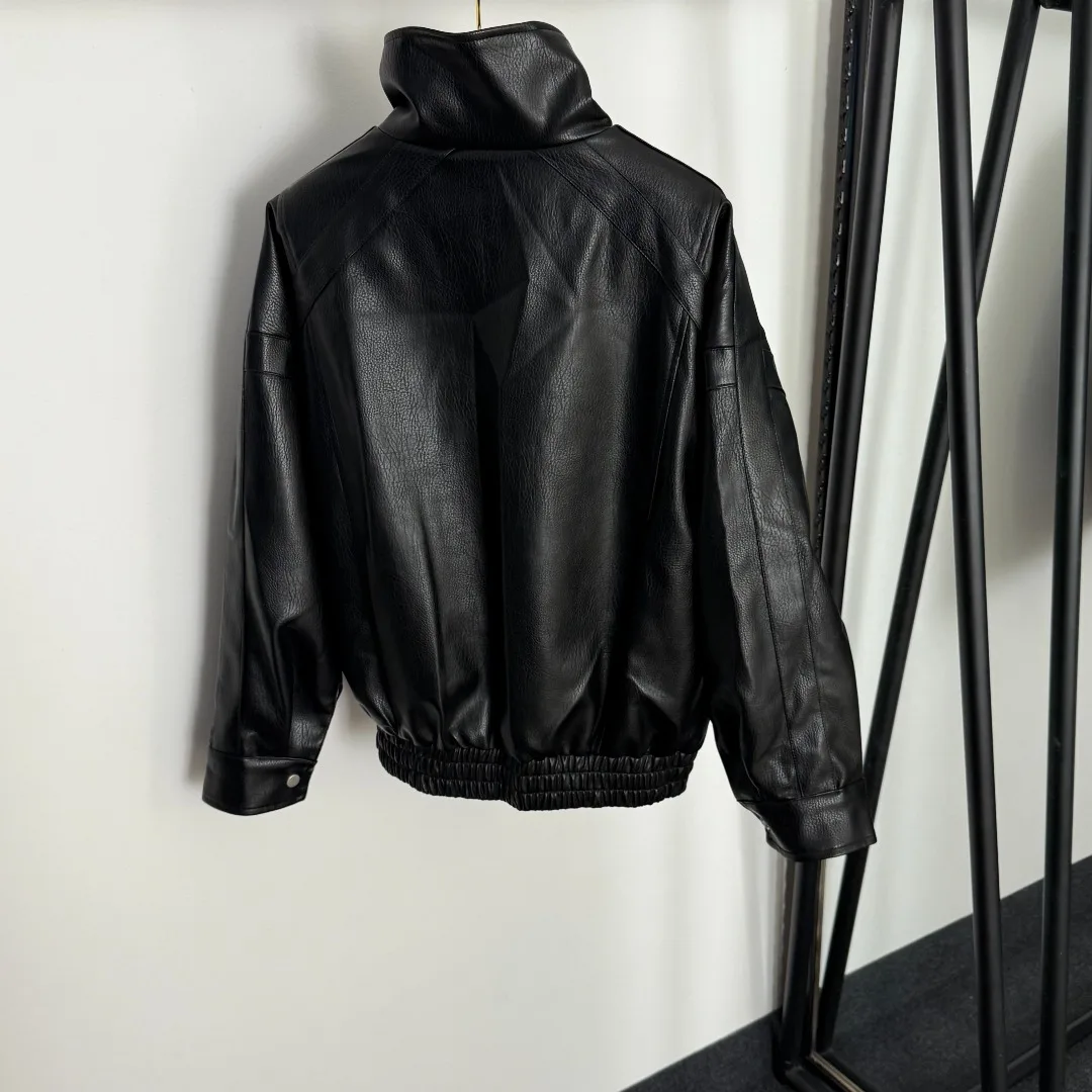 

2025 autumn winter New cool and stylish motorcycle jacket with a stand-up collar and long-sleeved PU leather jacket, black