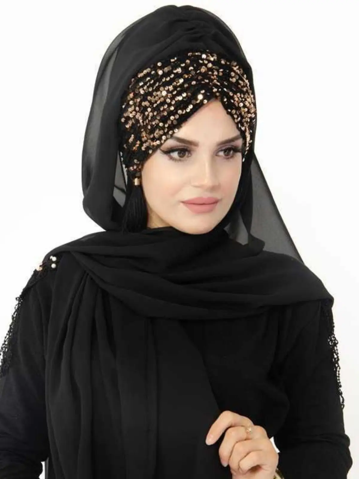 Sequined Shawl for Evening Dress Scarf Bucket Hat, Winter Muslim Fashion Stylish Woman Clothing Hijab Scarf Turban Bonnet